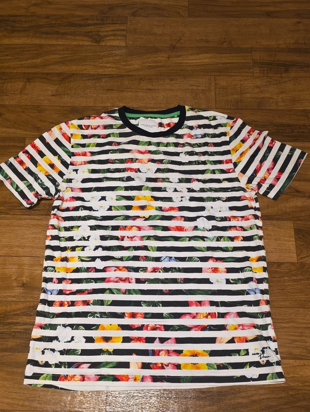Denim & Flower Black and White Striped Floral Tee